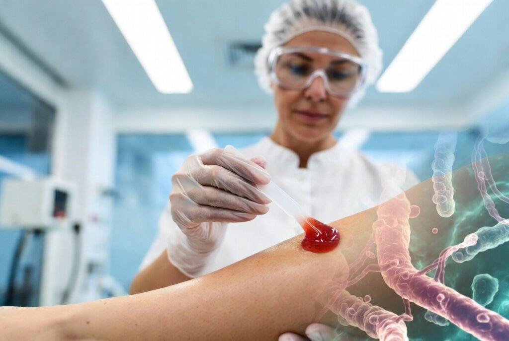 Zdravstveni djelatnik u sterilnim uvjetima primjenjuje napredni gel za kemijski debridement kod teško cijeleće rane.