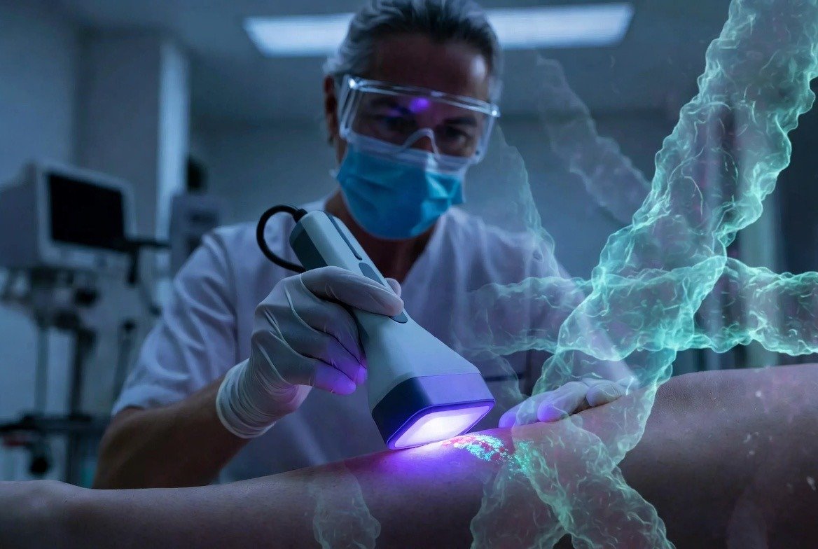 Zdravstveni djelatnik koristi fluorescecijski uređaj za otkrivanje skrivenog bakterijskog opterećenja u kroničnoj rani na nozi